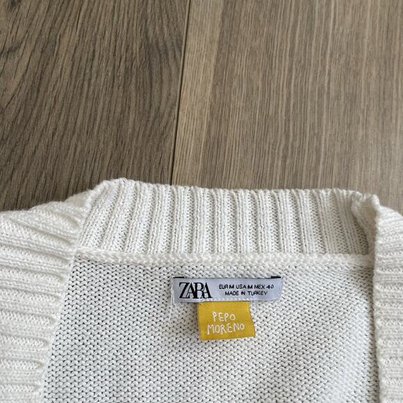 ZARA x Pepo Moreno White Cardigan Sz Medium “Have You Seen My Smile?” Distressed - Picture 6 of 12